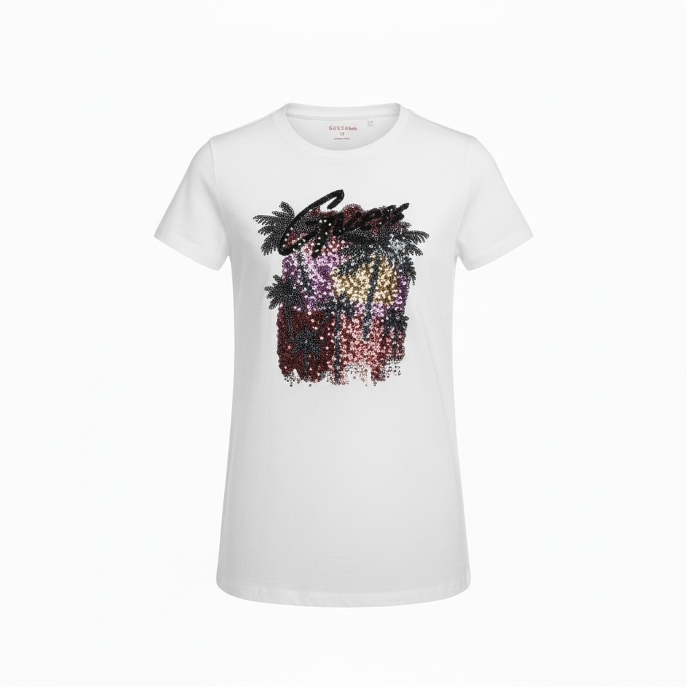 Guess White Tee with Sequin Palm Design